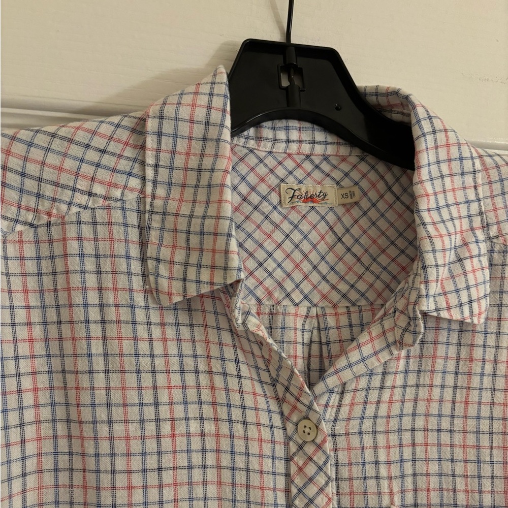 FAHERTY Linen Plaid Red and White Short Sleeved Button Down - Picture 5 of 11
